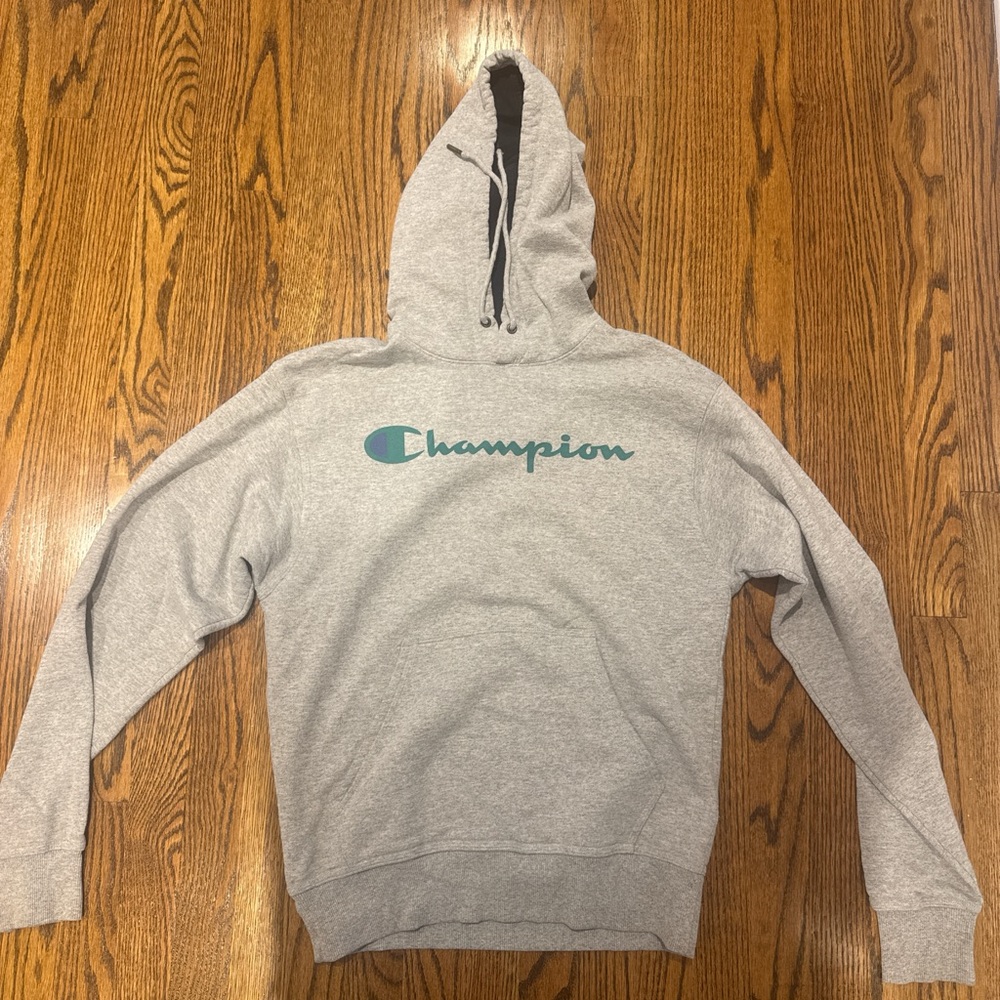 Champion Light Gray Pullover Hoodie with Navy Trim
